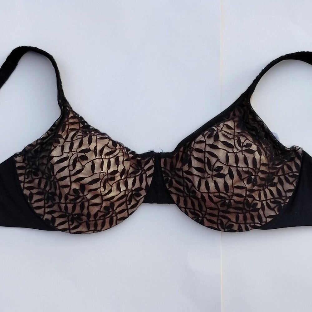 42D Olga 35519 Sheer Leaves Black & Toast Underwire Minimizer Full Coverage Lace